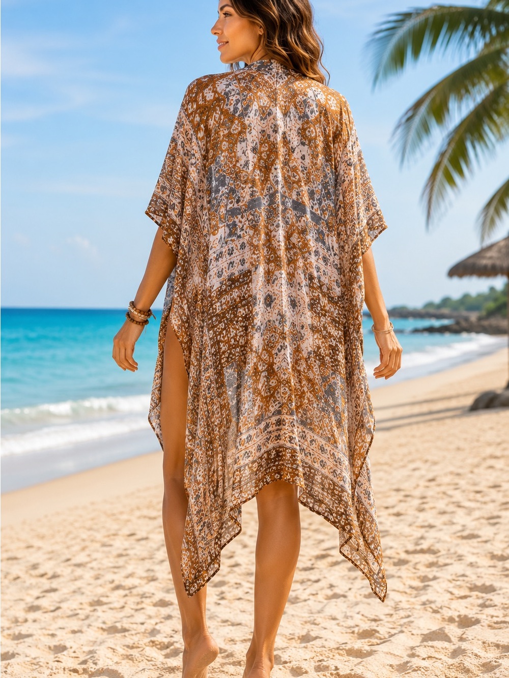 Boho Beach Kimono OS Cover Up Open Front High Low Drape Resort Travel Vacation